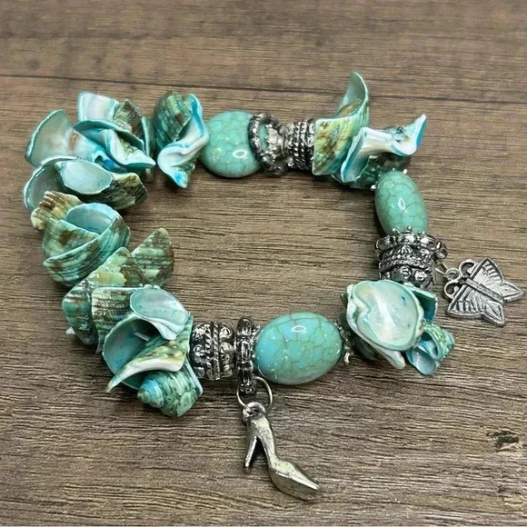 Blue Shells and Beads Silver Tone Beads and Charms Bracelet - Picture 2 of 2